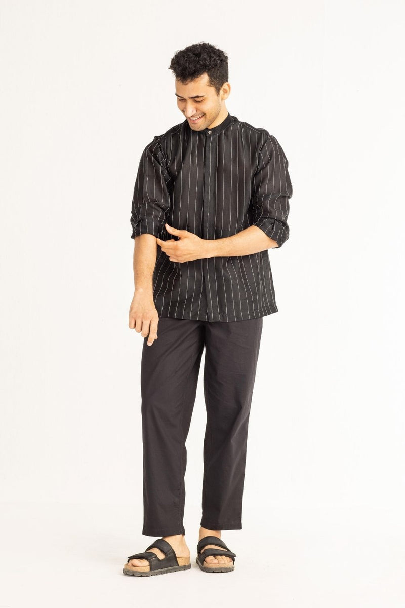 Band Collar Shirt- Black Chanderi Men THREE Men