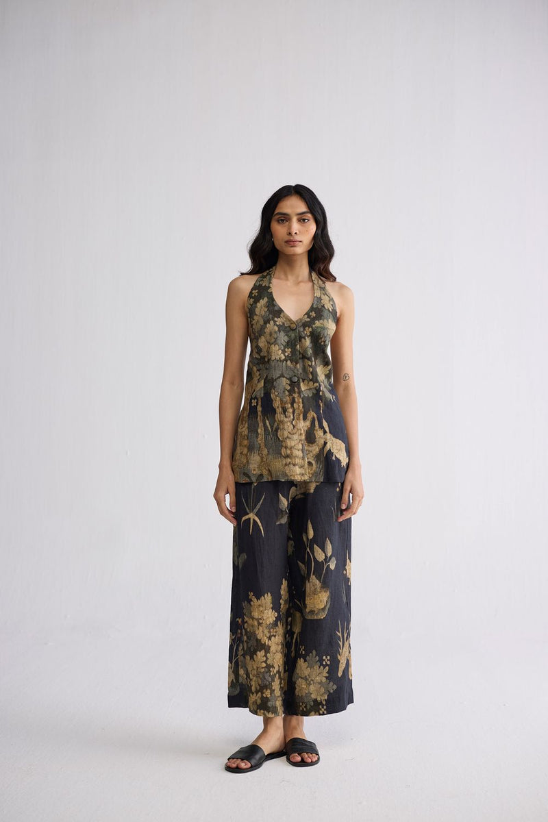 BANYAN HALTERNECK WAISTCOAT & PANTS SET linen co-ord set by YAM in all-black for women Worldwide