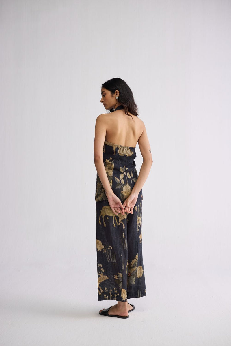 BANYAN HALTERNECK WAISTCOAT & PANTS SET linen co-ord set by YAM in all-black for women Worldwide