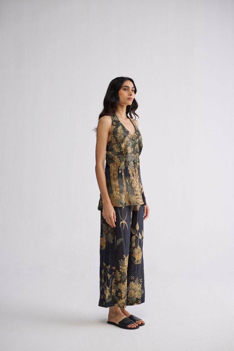 BANYAN HALTERNECK WAISTCOAT & PANTS SET linen co-ord set by YAM in all-black for women Worldwide