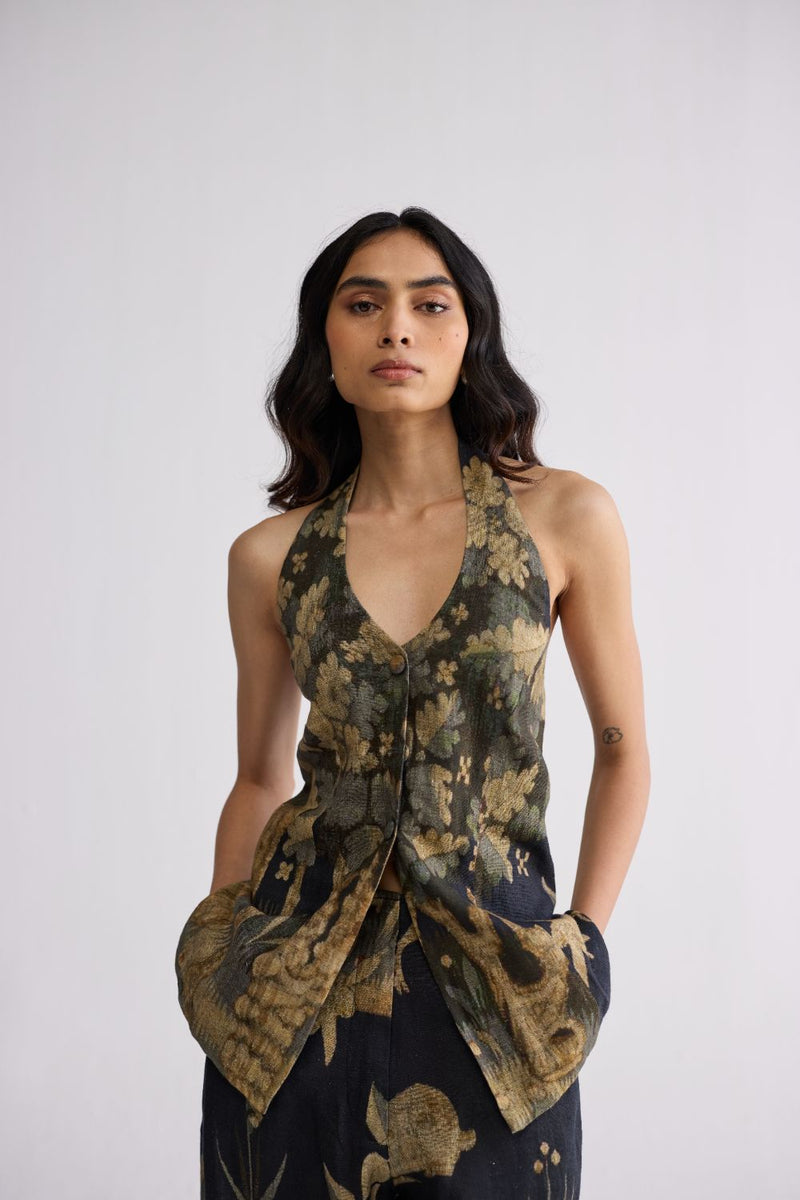 BANYAN HALTERNECK WAISTCOAT & PANTS SET linen co-ord set by YAM in all-black for women Worldwide