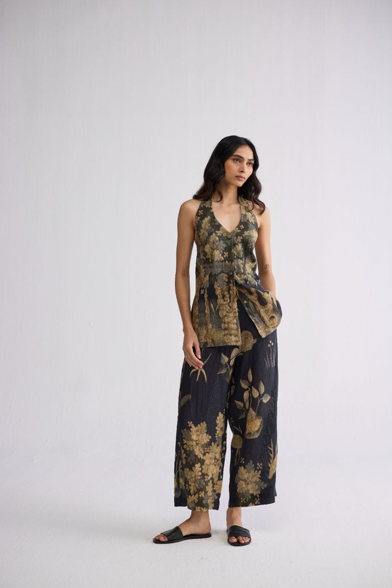 BANYAN HALTERNECK WAISTCOAT & PANTS SET linen co-ord set by YAM in all-black for women Worldwide