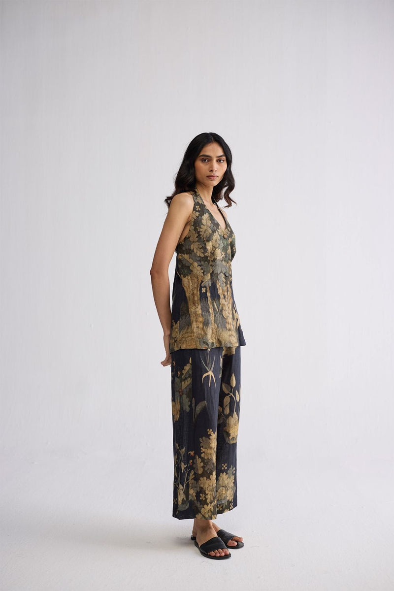 BANYAN HALTERNECK WAISTCOAT & PANTS SET linen co-ord set by YAM in all-black for women Worldwide
