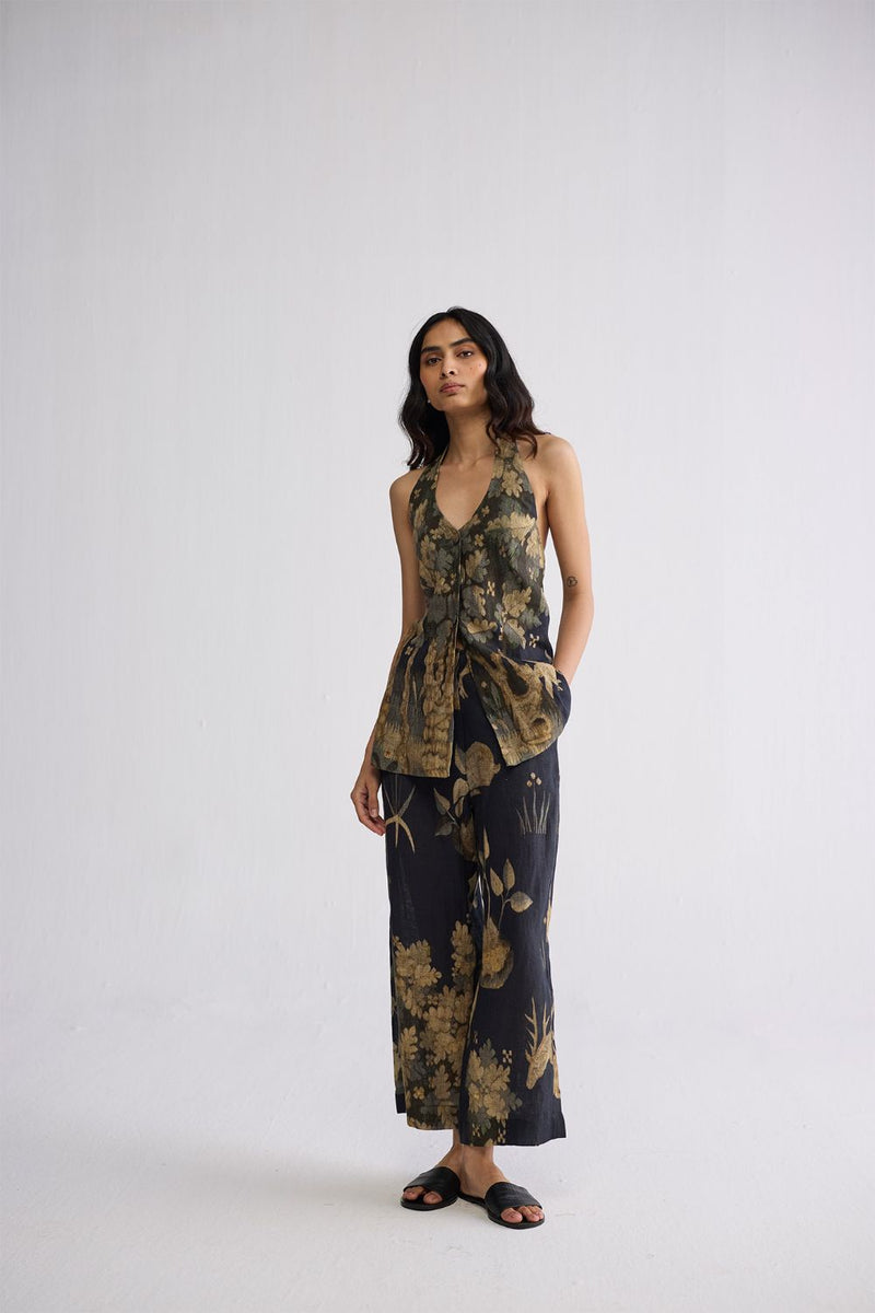 BANYAN HALTERNECK WAISTCOAT & PANTS SET linen co-ord set by YAM in all-black for women Worldwide