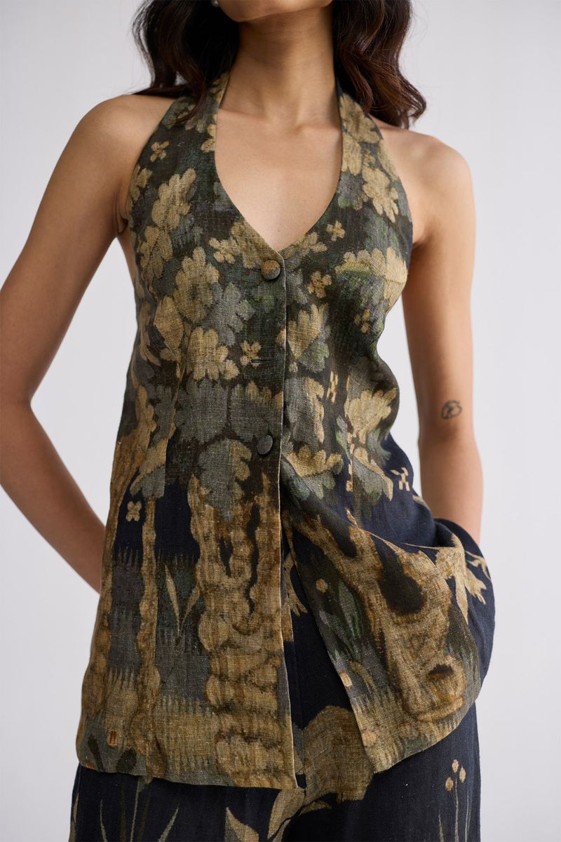BANYAN HALTERNECK WAISTCOAT & PANTS SET linen co-ord set by YAM in all-black for women Worldwide