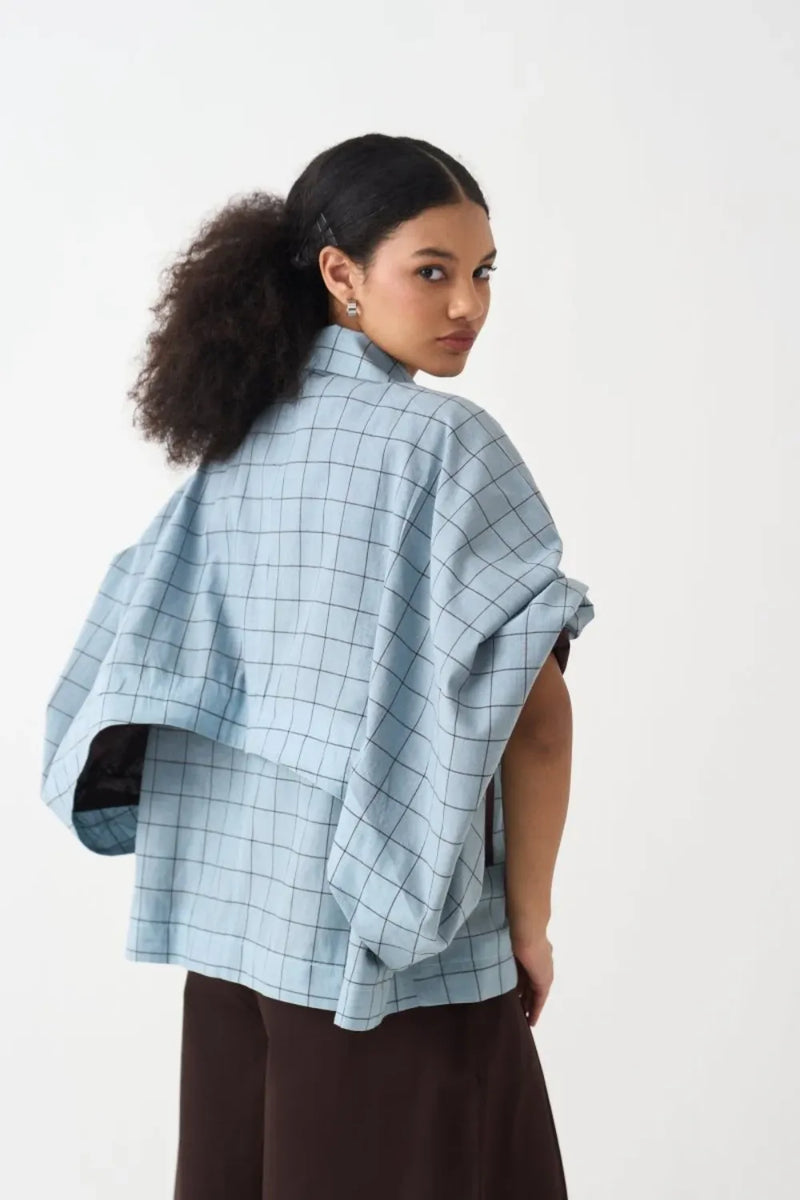 Bat Sleeve Jacket - Powder Blue Check cotton by THREE in blue color for women Worldwide