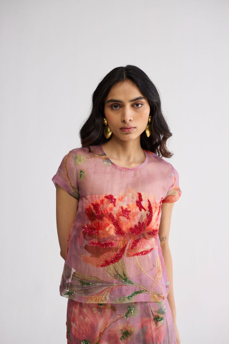 BERRY EMBROIDERED ORGANZA TOP & SKIRT SET organza & cotton ( top ) co-ord set by YAM in purple for women Worldwide