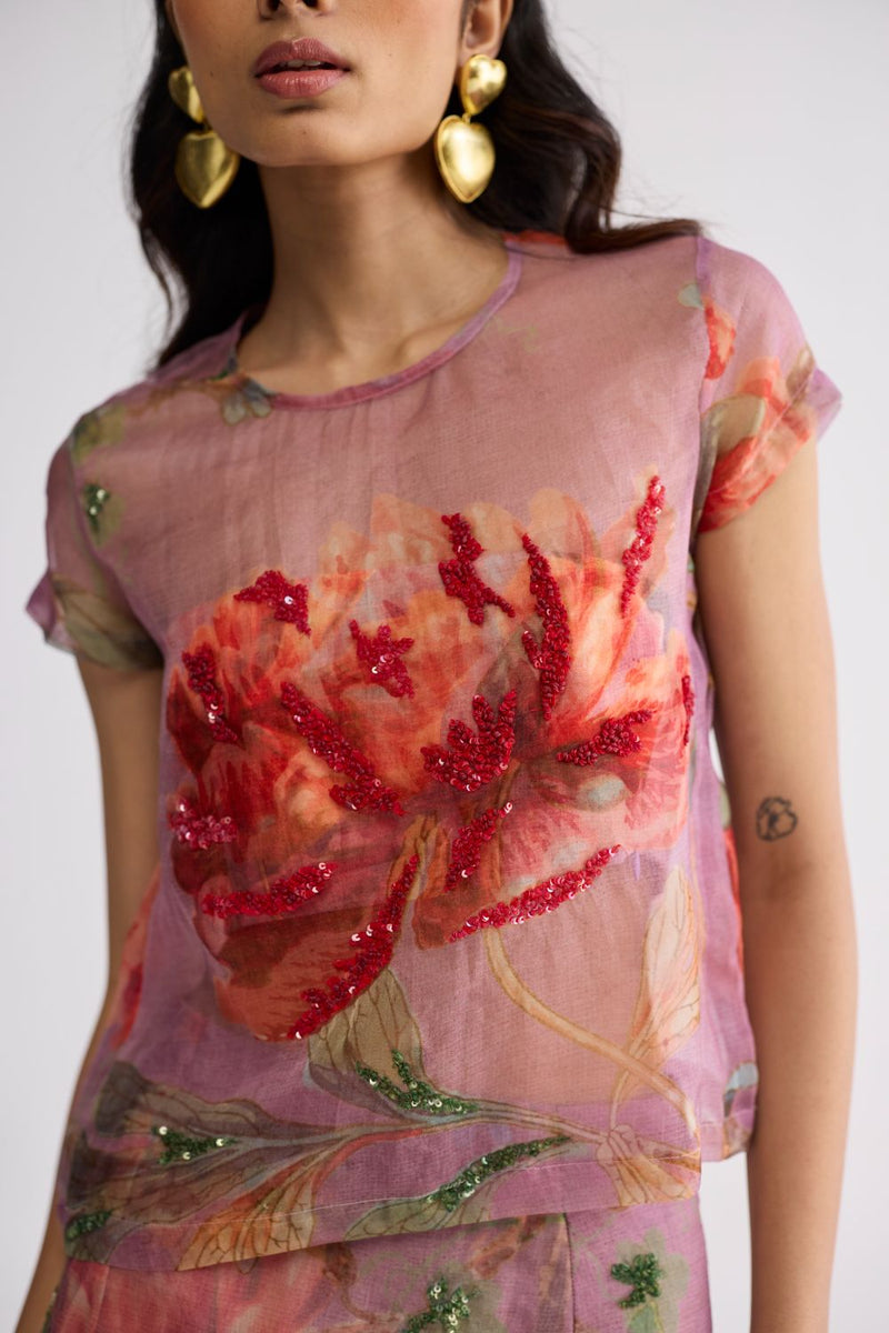 BERRY EMBROIDERED ORGANZA TOP & SKIRT SET organza & cotton ( top ) co-ord set by YAM in purple for women Worldwide