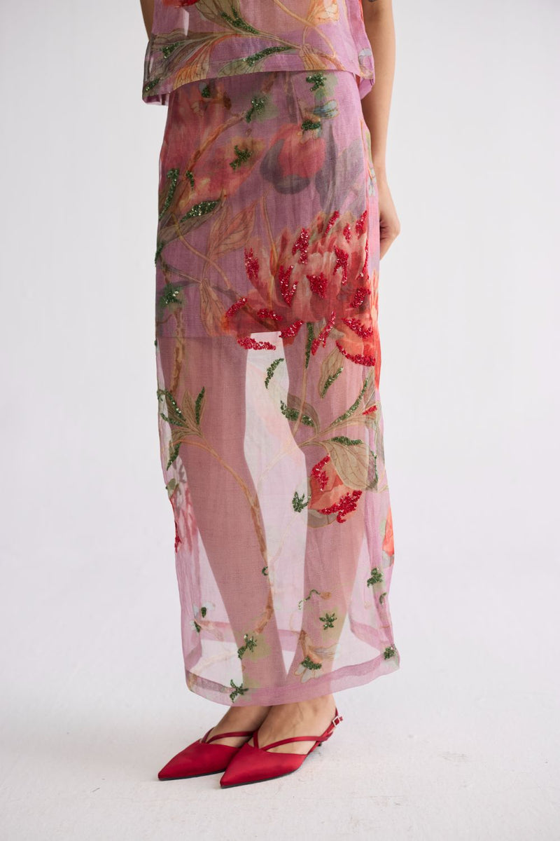 BERRY EMBROIDERED ORGANZA TOP & SKIRT SET organza & cotton ( top ) co-ord set by YAM in purple for women Worldwide