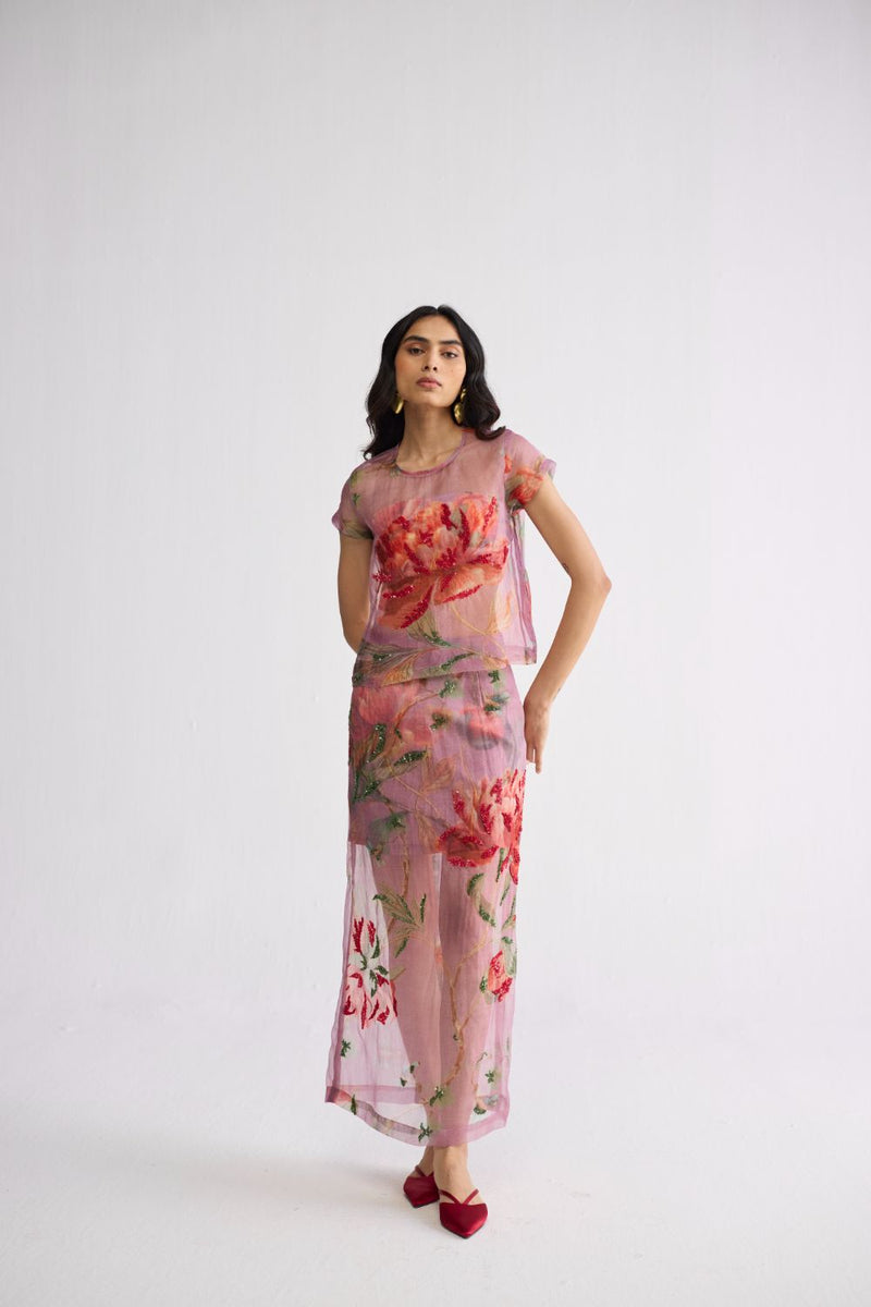 BERRY EMBROIDERED ORGANZA TOP & SKIRT SET organza & cotton ( top ) co-ord set by YAM in purple for women Worldwide