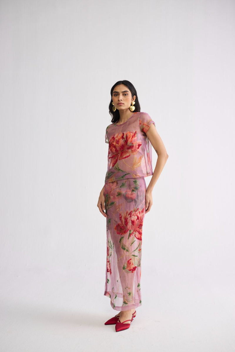 BERRY EMBROIDERED ORGANZA TOP & SKIRT SET organza & cotton ( top ) co-ord set by YAM in purple for women Worldwide