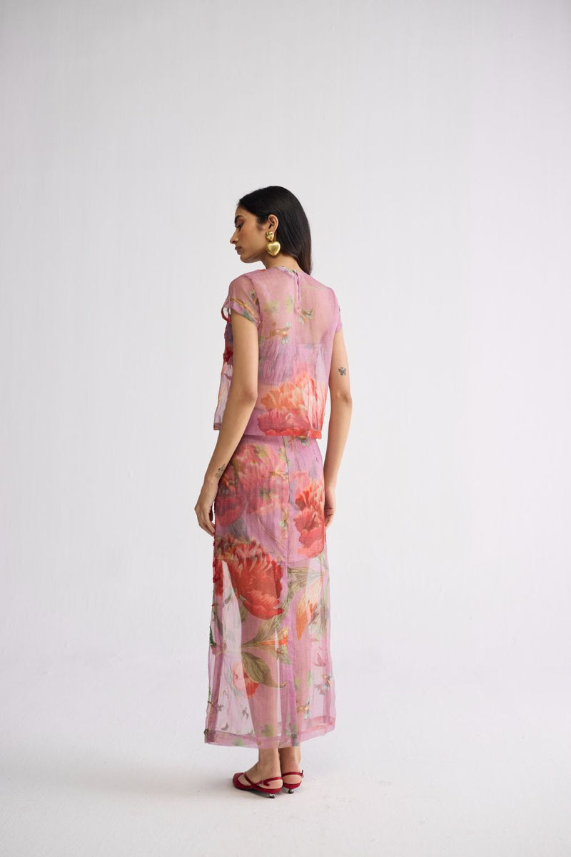 BERRY EMBROIDERED ORGANZA TOP & SKIRT SET organza & cotton ( top ) co-ord set by YAM in purple for women Worldwide