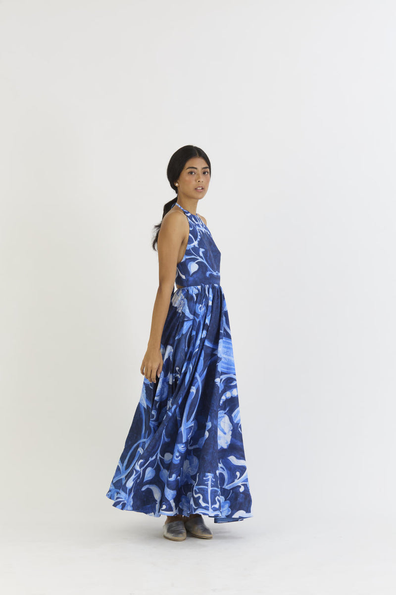 BILBERRY HALTER NECK DRESS satin by Yam in blue color for women Worldwide