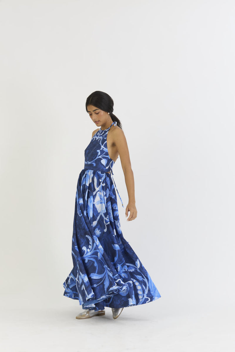 BILBERRY HALTER NECK DRESS satin by Yam in blue color for women Worldwide