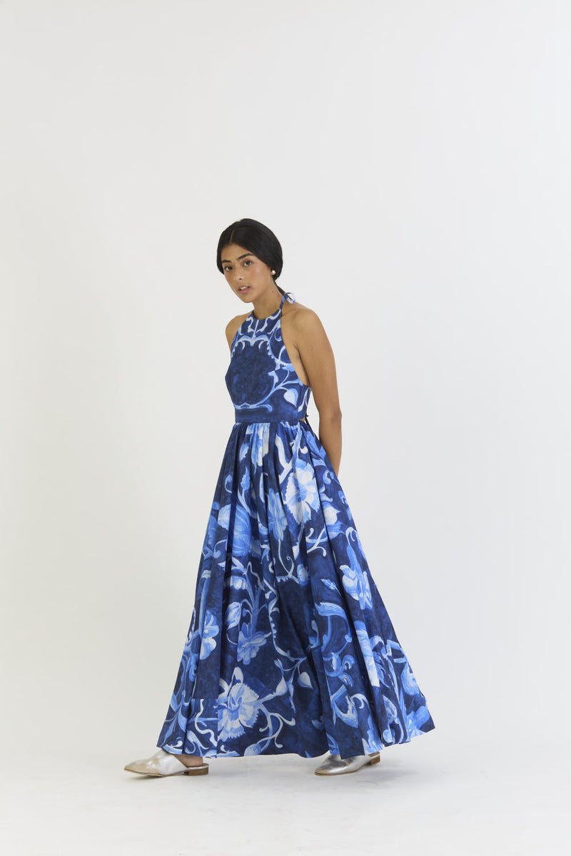 BILBERRY HALTER NECK DRESS satin by Yam in blue color for women Worldwide