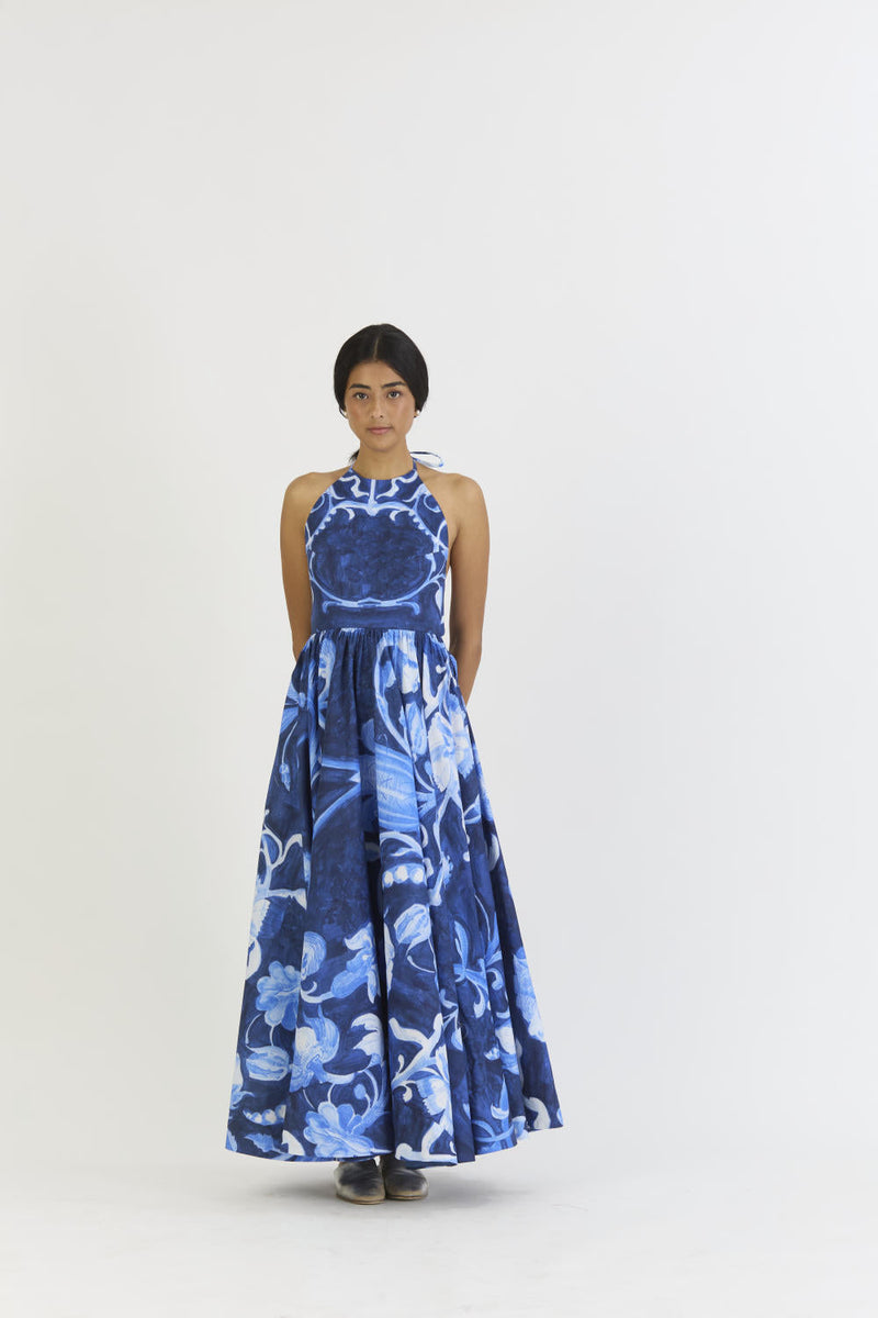 BILBERRY HALTER NECK DRESS satin by Yam in blue color for women Worldwide