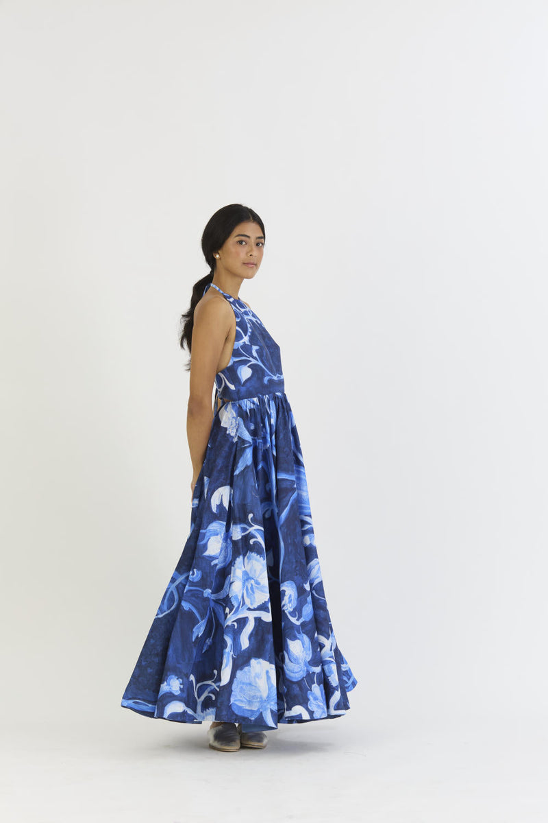 BILBERRY HALTER NECK DRESS satin by Yam in blue color for women Worldwide