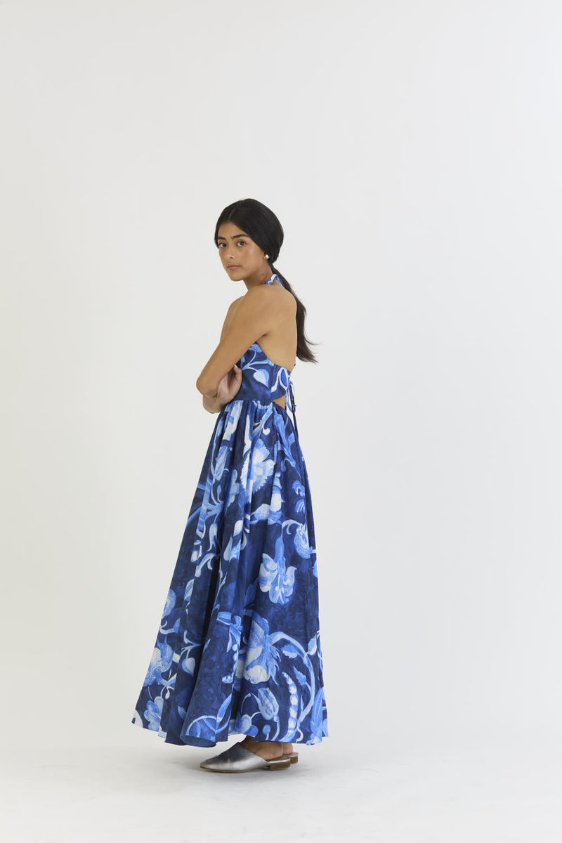 BILBERRY HALTER NECK DRESS satin by Yam in blue color for women Worldwide