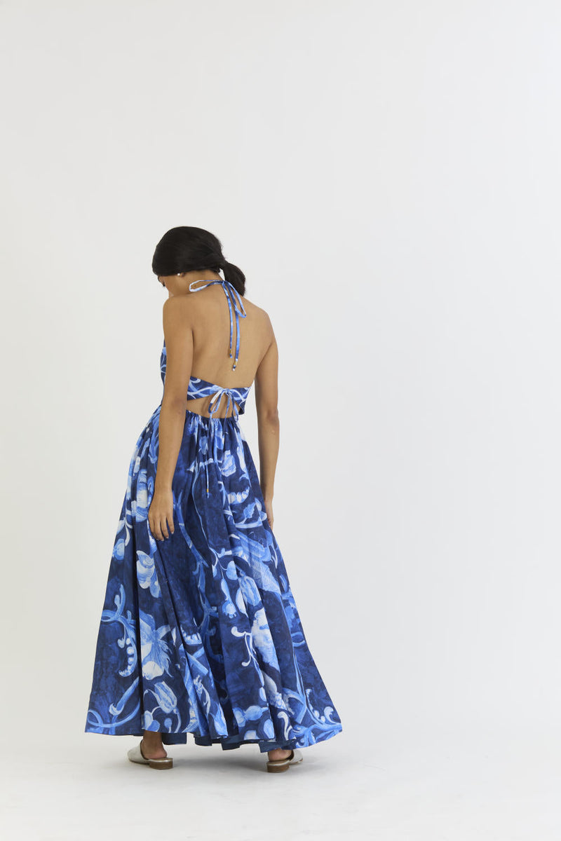 BILBERRY HALTER NECK DRESS satin by Yam in blue color for women Worldwide