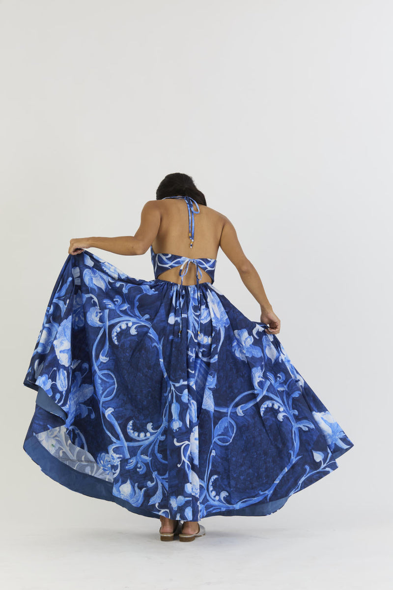 BILBERRY HALTER NECK DRESS satin by Yam in blue color for women Worldwide