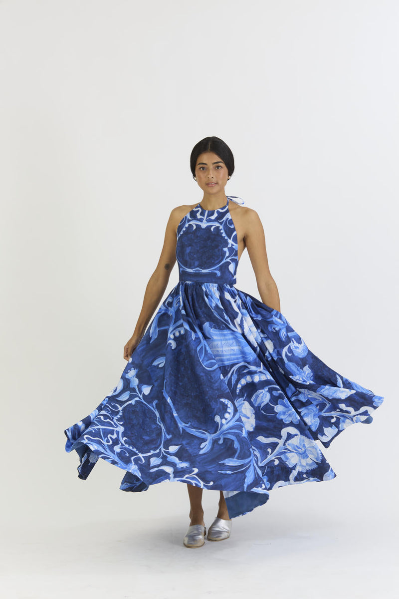 BILBERRY HALTER NECK DRESS satin by Yam in blue color for women Worldwide