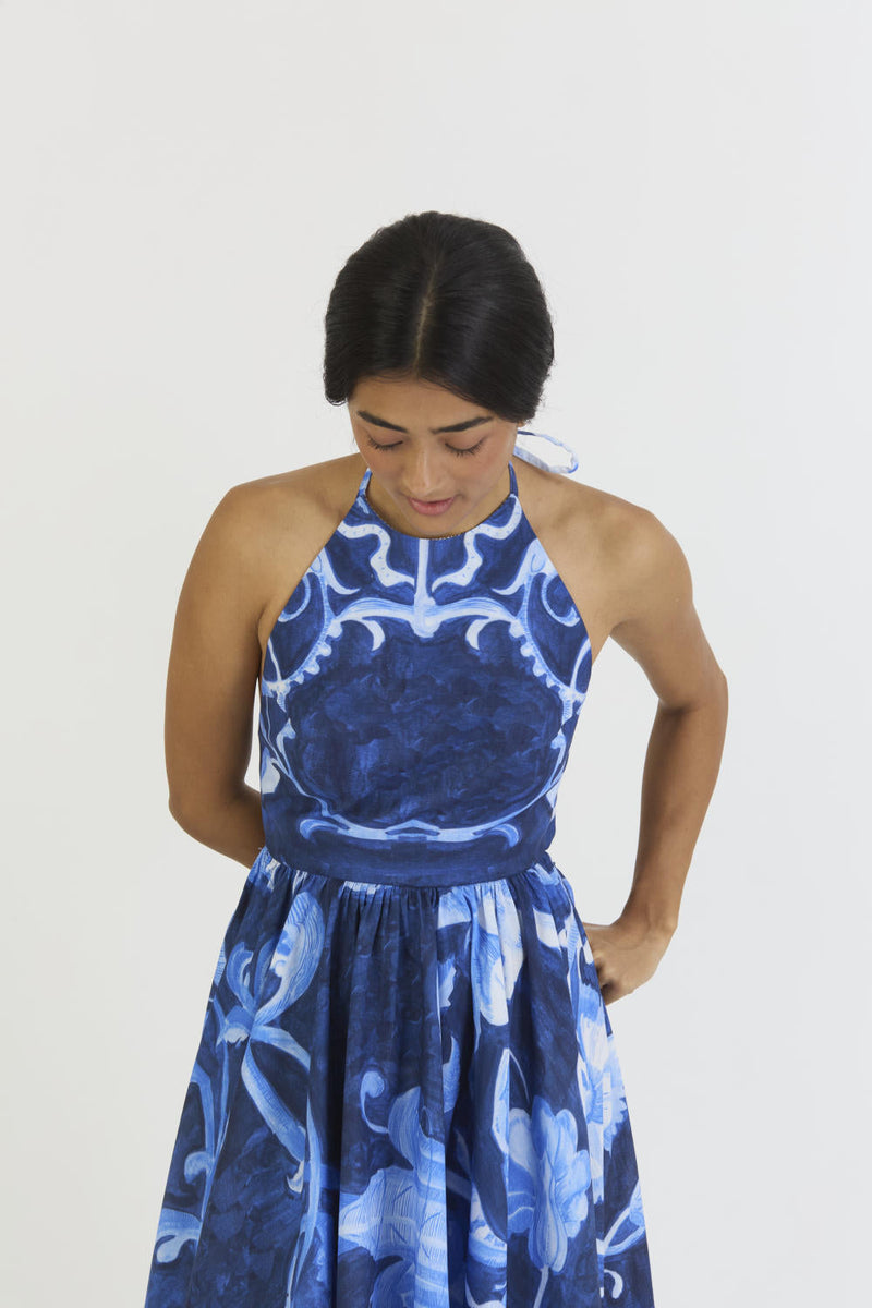 BILBERRY HALTER NECK DRESS satin by Yam in blue color for women Worldwide