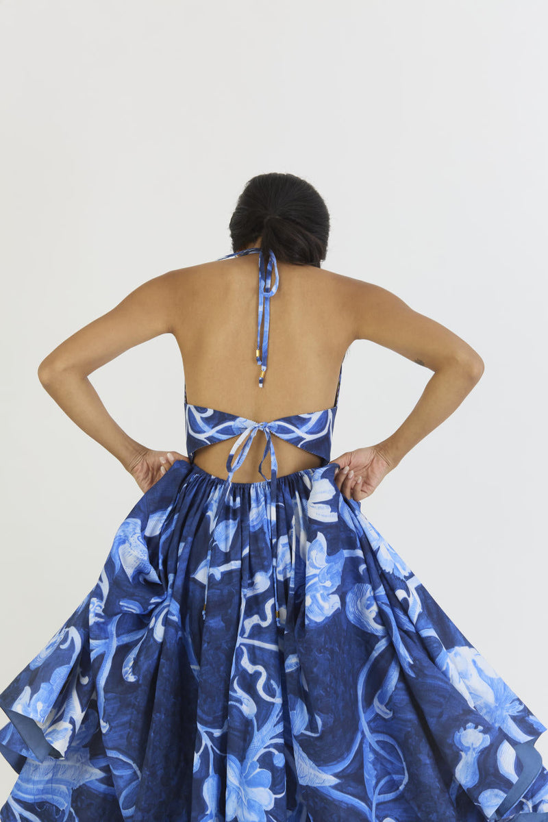 BILBERRY HALTER NECK DRESS satin by Yam in blue color for women Worldwide