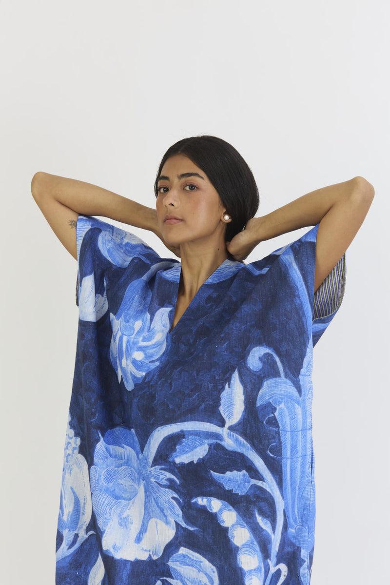 BILBERRY LINEN KAFTAN DRESS by Yam in blue color for women Worldwide