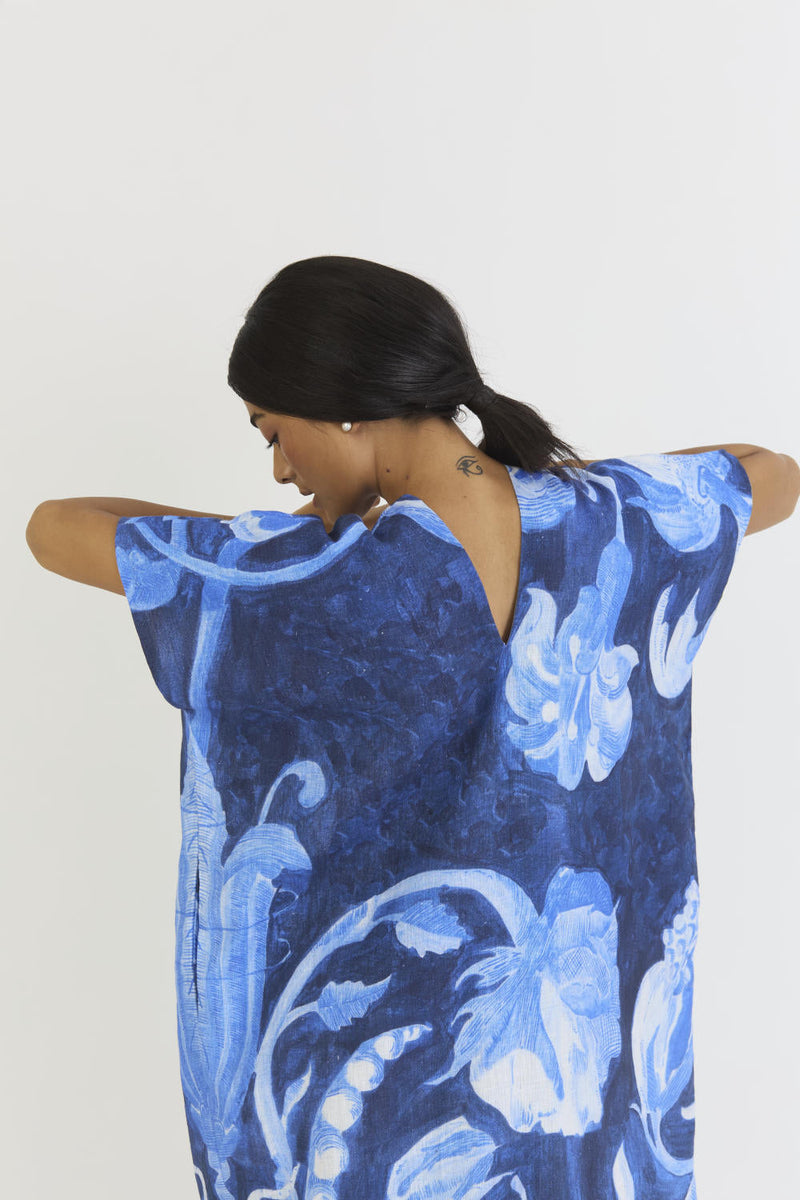 BILBERRY LINEN KAFTAN DRESS by Yam in blue color for women Worldwide