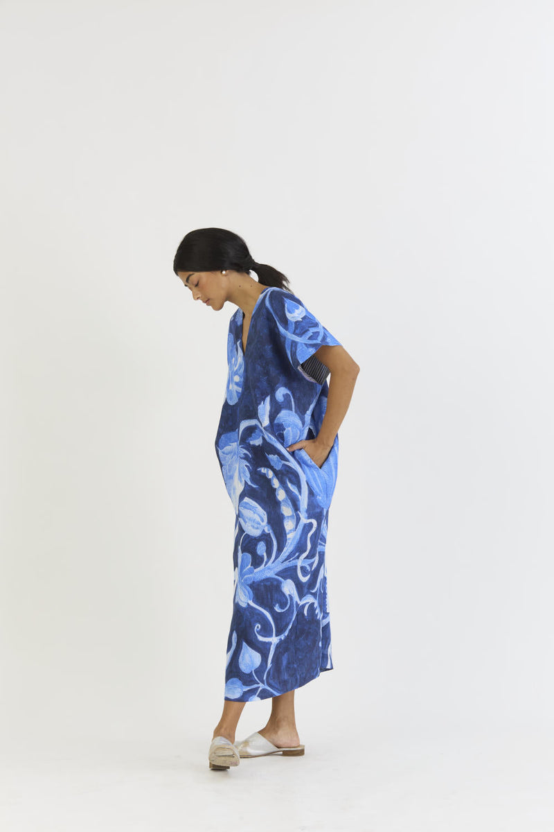 BILBERRY LINEN KAFTAN DRESS by Yam in blue color for women Worldwide