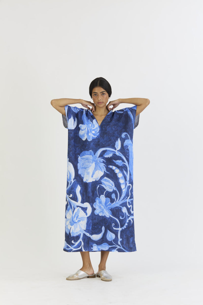 BILBERRY LINEN KAFTAN DRESS by Yam in blue color for women Worldwide