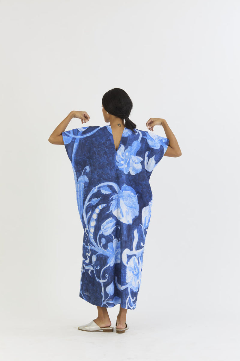 BILBERRY LINEN KAFTAN DRESS by Yam in blue color for women Worldwide
