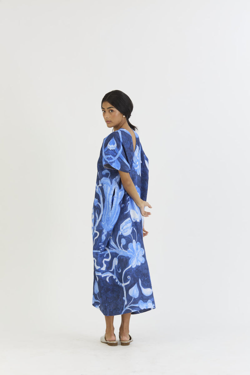 BILBERRY LINEN KAFTAN DRESS by Yam in blue color for women Worldwide