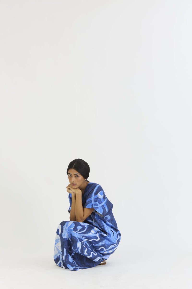 BILBERRY LINEN KAFTAN DRESS by Yam in blue color for women Worldwide