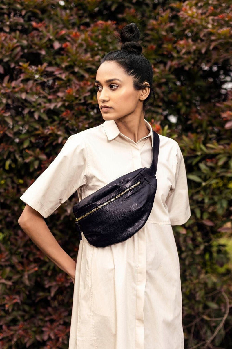 Black fanny pack by Khara Kapas for women Worldwide