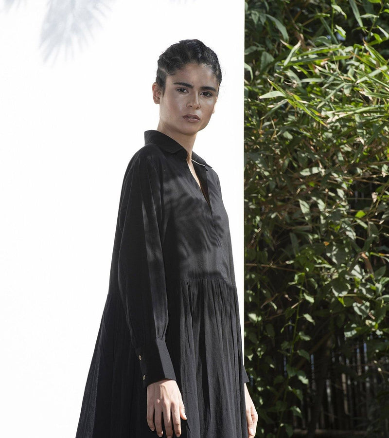 Black Petunia Collared Long Dress Dress by Khara Kapas in black for women Worldwide