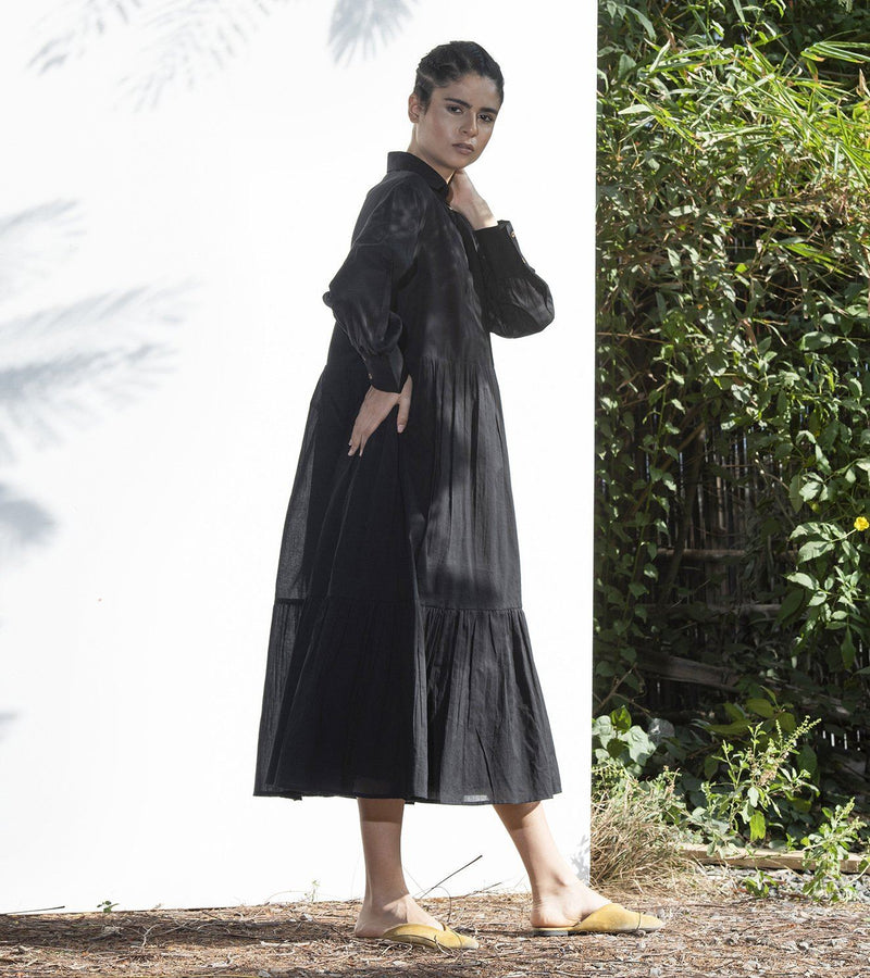 Black Petunia Collared Long Dress Dress by Khara Kapas in black for women Worldwide