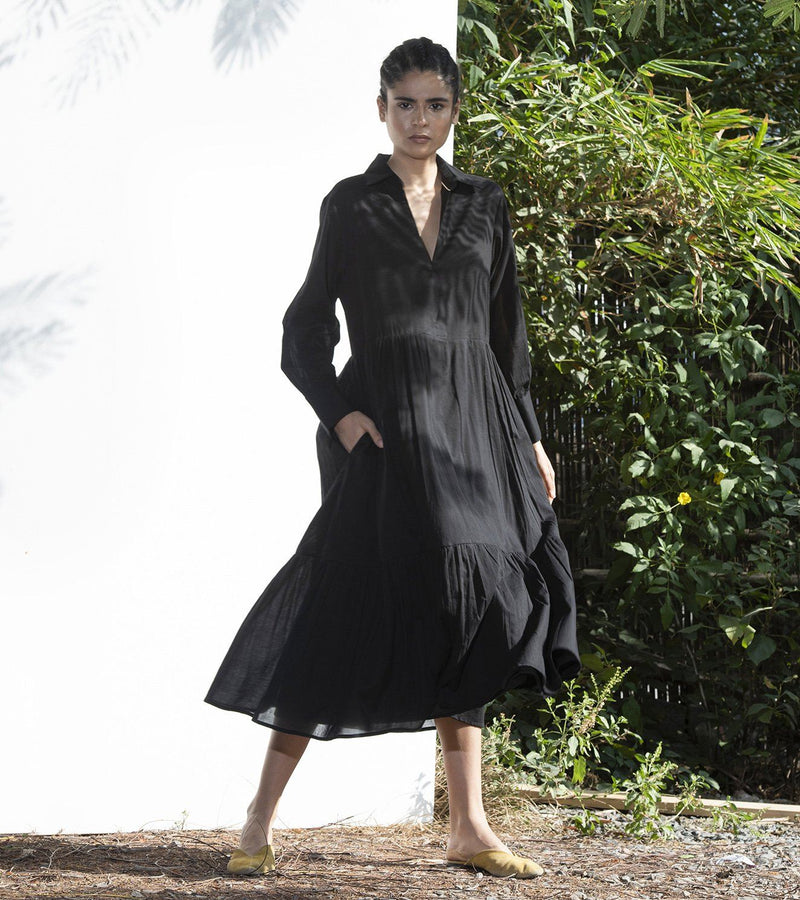 Black Petunia Collared Long Dress Dress by Khara Kapas in black for women Worldwide