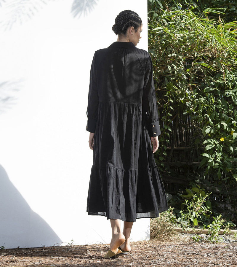 Black Petunia Collared Long Dress Dress by Khara Kapas in black for women Worldwide