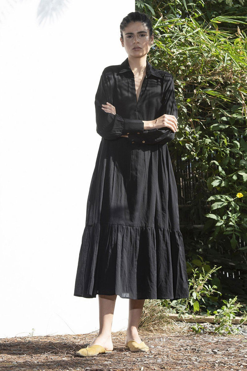 Black Petunia Collared Long Dress Dress by Khara Kapas in black for women Worldwide