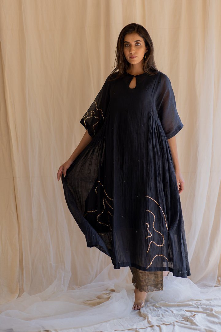 Black Shabnam Kurta and Izaar Set by Nirjara in black color for women Worldwide