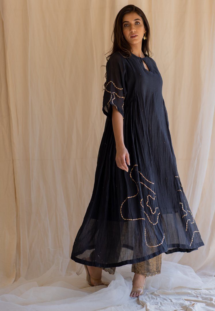 Black Shabnam Kurta and Izaar Set by Nirjara in black color for women Worldwide