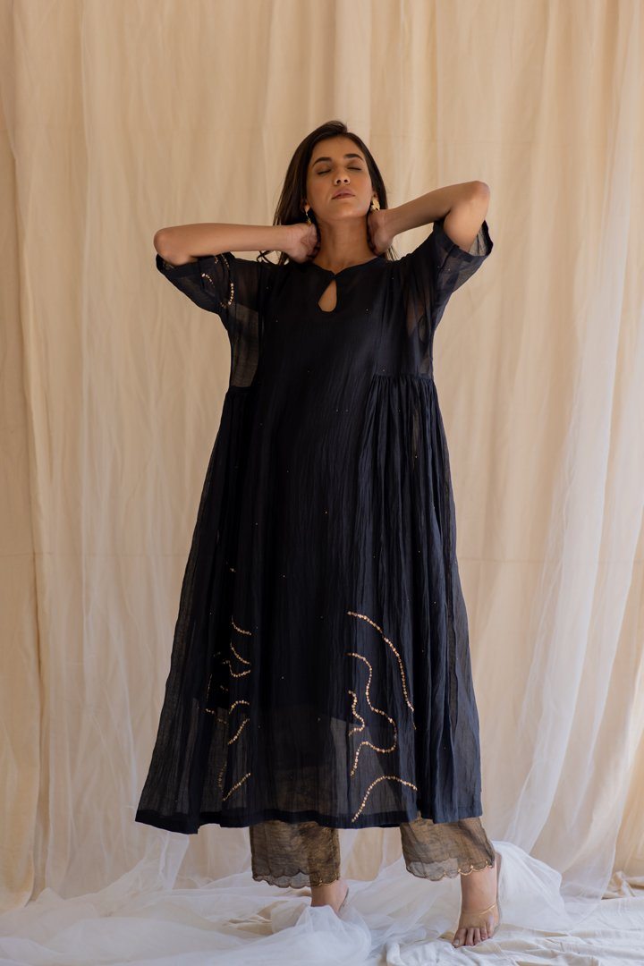 Black Shabnam Kurta and Izaar Set by Nirjara in black color for women Worldwide