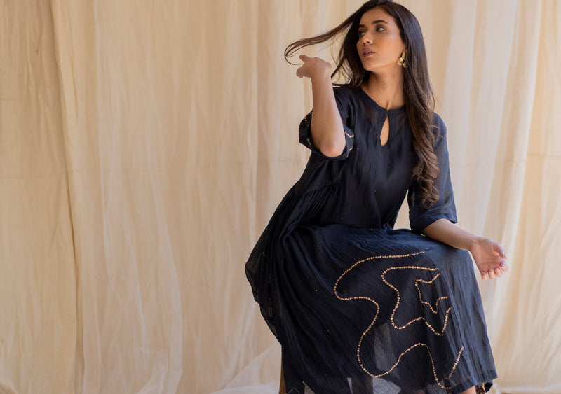 Black Shabnam Kurta and Izaar Set by Nirjara in black color for women Worldwide