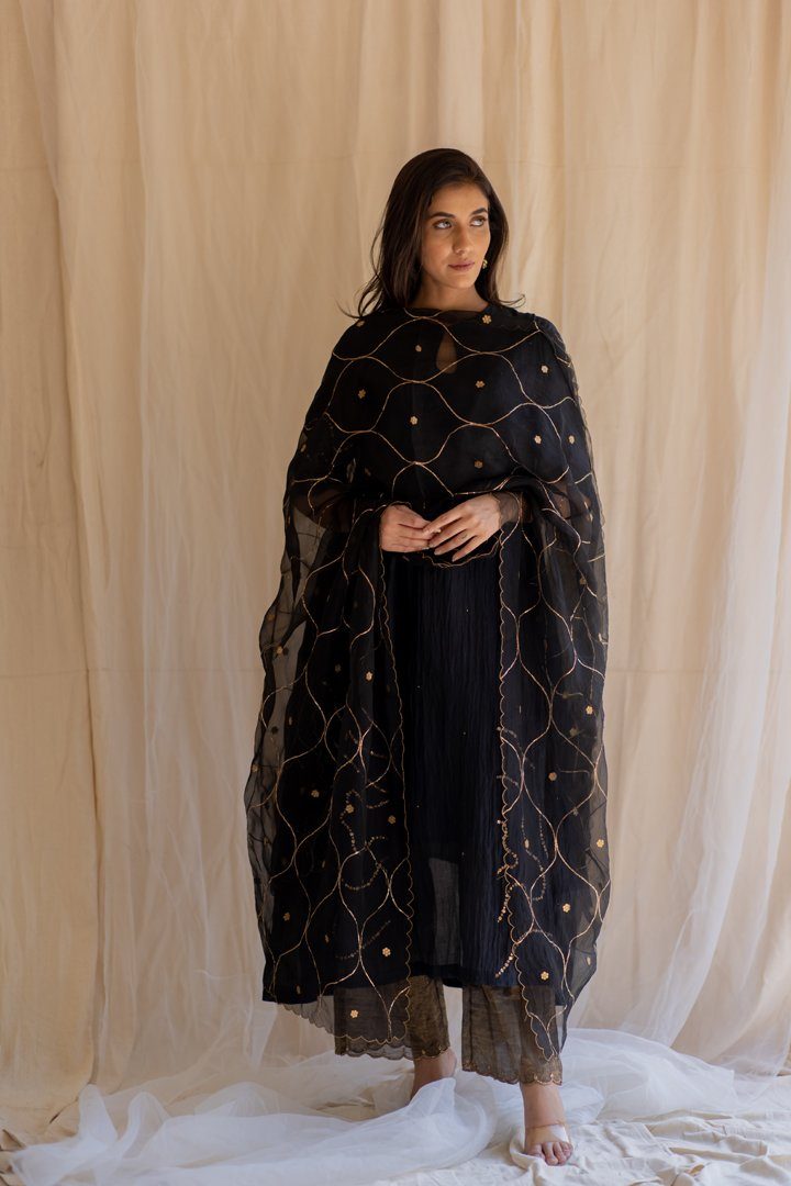 Black Shabnam Kurta and Izaar Set by Nirjara in black color for women Worldwide