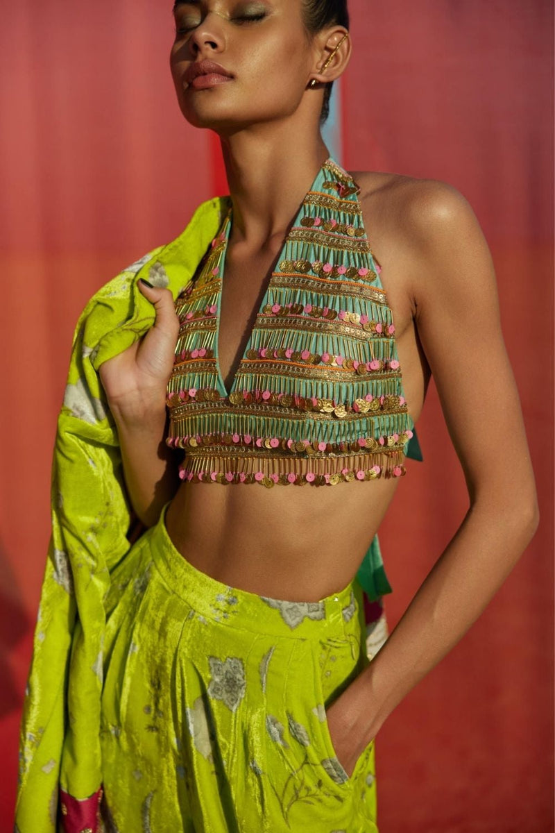 B.LIME PRINTED SILK VELVET JACKET CO-ORD SET Kurta Sets by Rajiramniq for women Worldwide