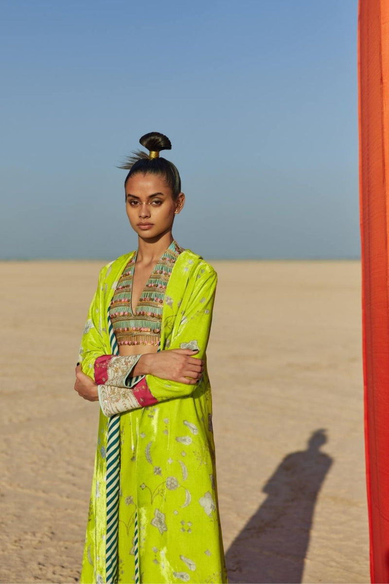 B.LIME PRINTED SILK VELVET JACKET CO-ORD SET Kurta Sets by Rajiramniq for women Worldwide