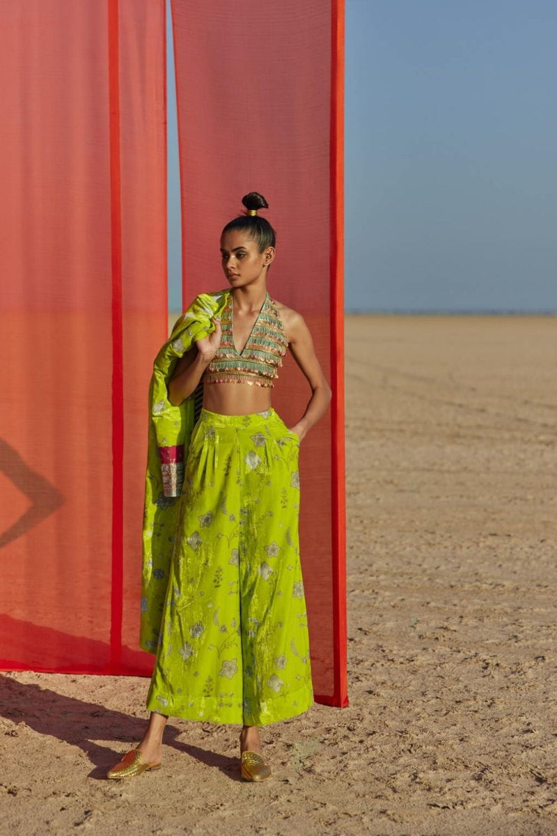 B.LIME PRINTED SILK VELVET JACKET CO-ORD SET Kurta Sets by Rajiramniq for women Worldwide