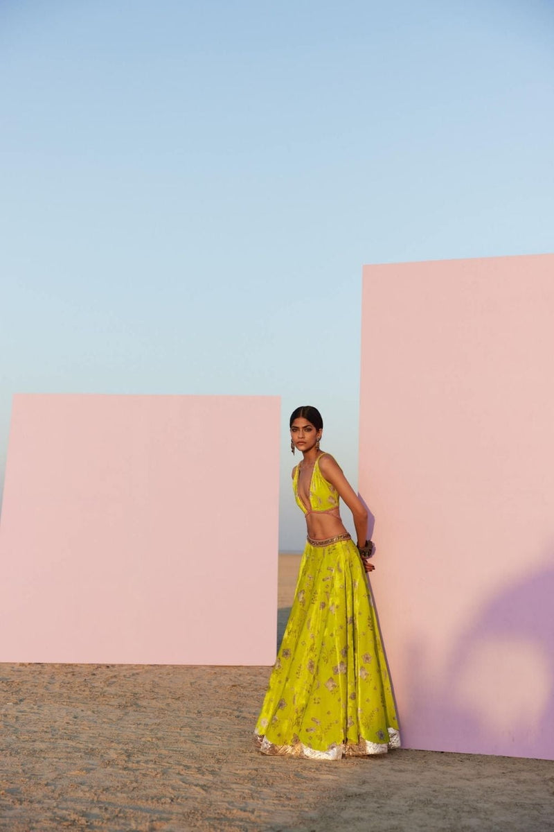 B.LIME PRINTED SILK VELVET LAHENGA SET by Rajiramniq for women Worldwide