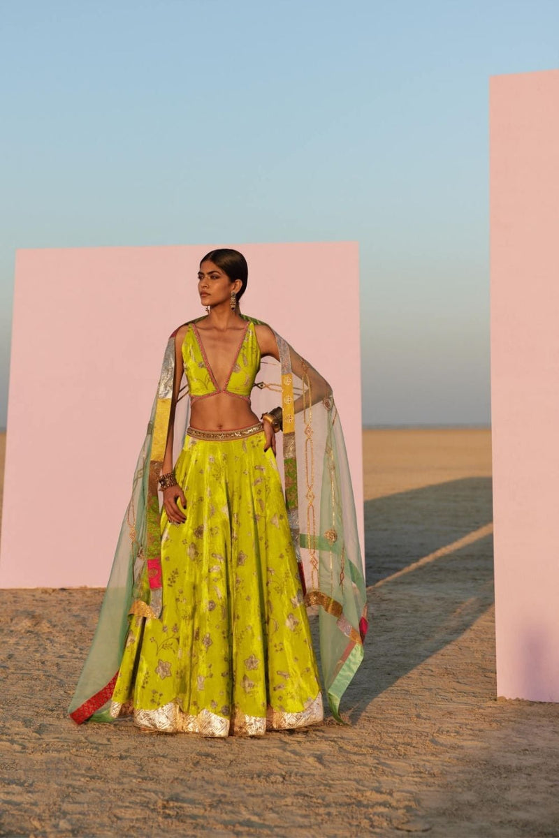 B.LIME PRINTED SILK VELVET LAHENGA SET by Rajiramniq for women Worldwide